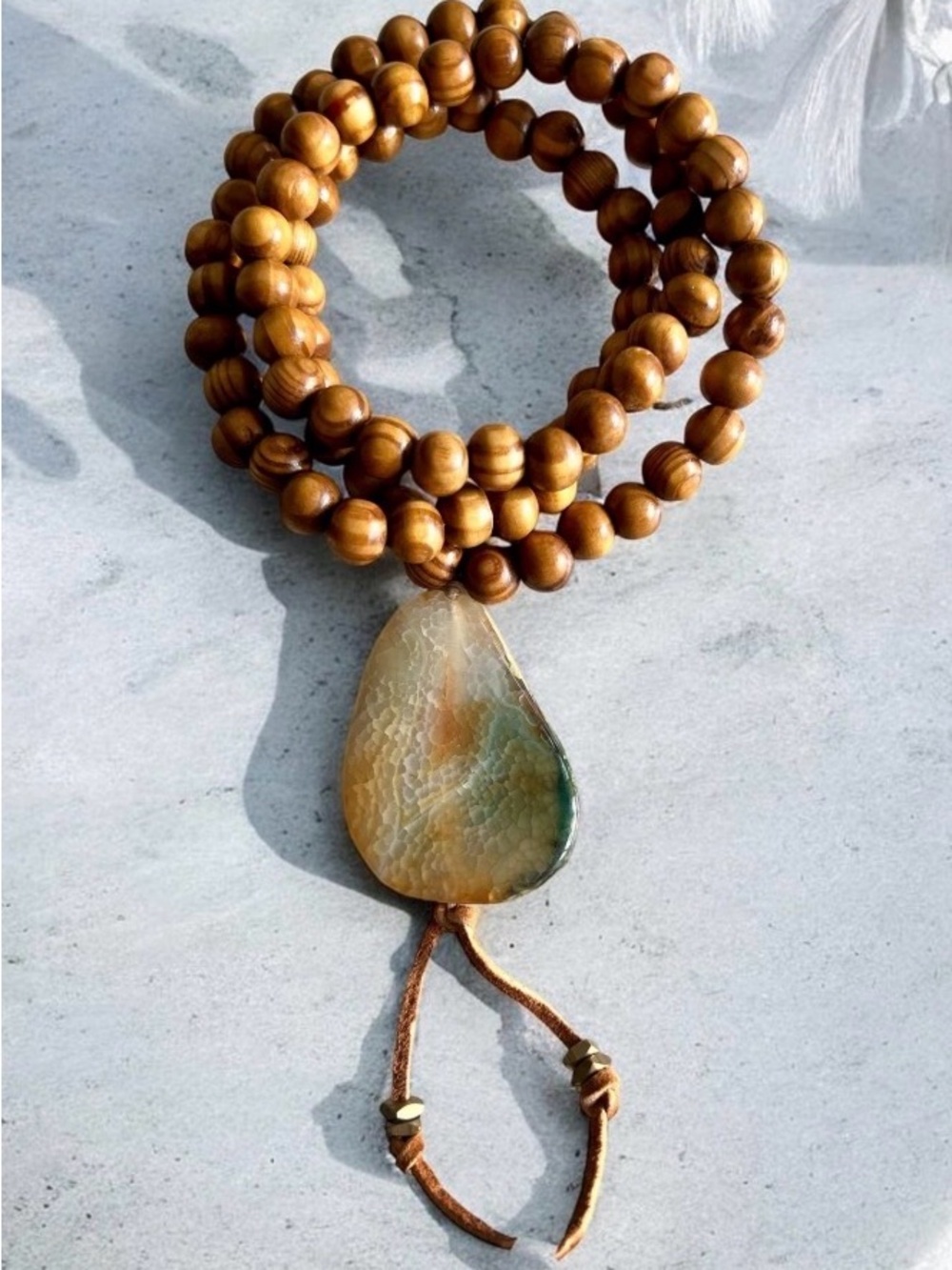 Natural Brown Wood Bead Necklace with Agate Teardrop Pendant